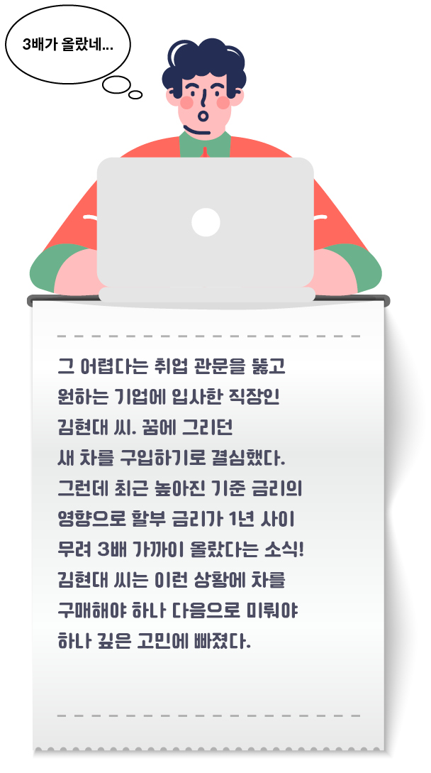 금리가 올라 차량 구매를 망설이는 김현대 씨 일러스트