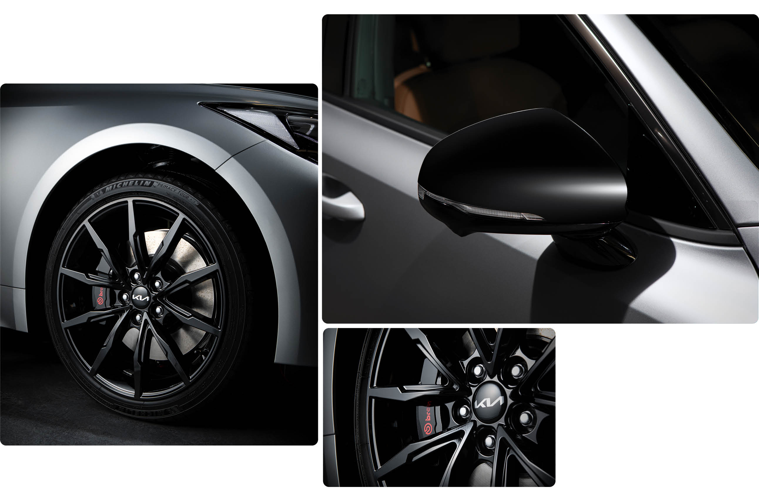 Black exterior mirrors on the Stinger Tribute Edition, glossy black 19-inch wheels, and black Brembo brake calipers on the Performance trim.