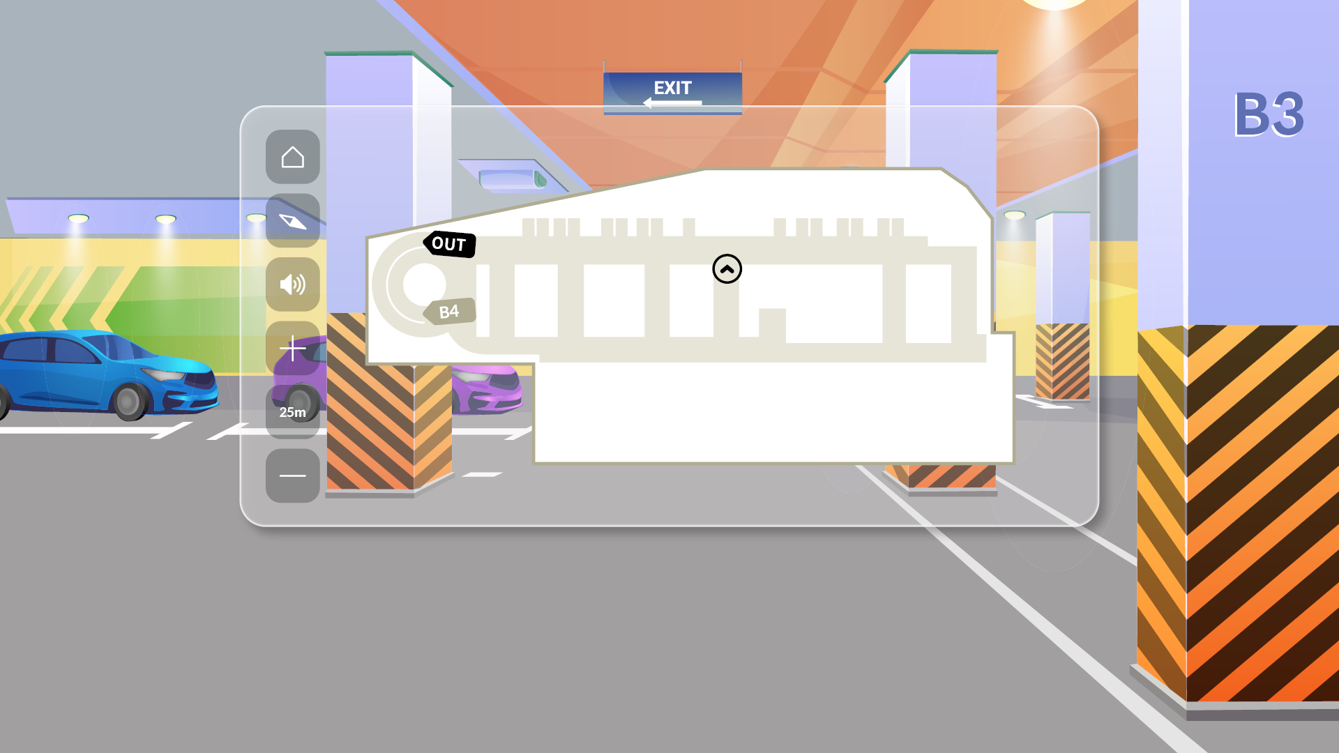 Illustration of a navigation system operating in the background of an indoor parking lot map