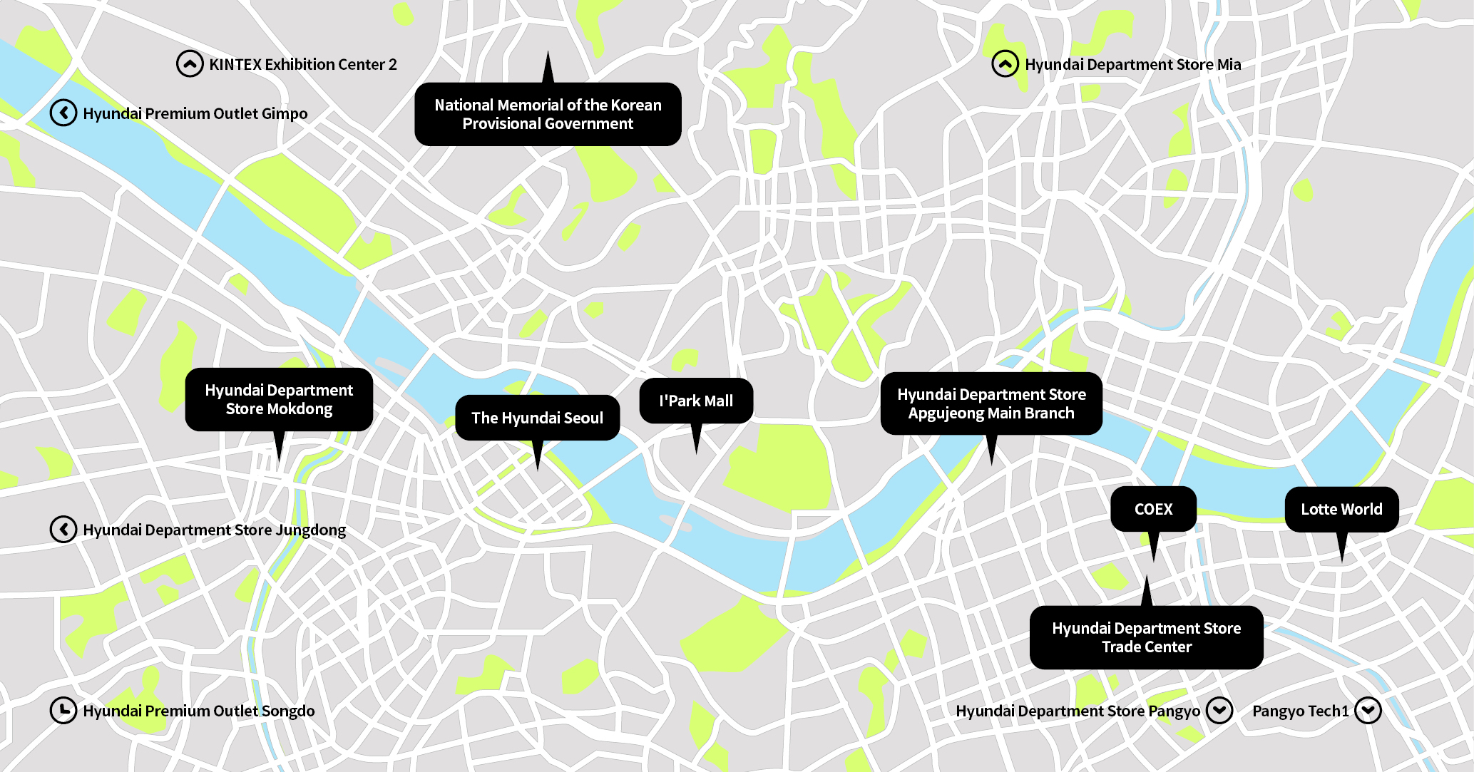 A map explaining 14 complex facilities in the Seoul metropolitan area where indoor parking maps can be used