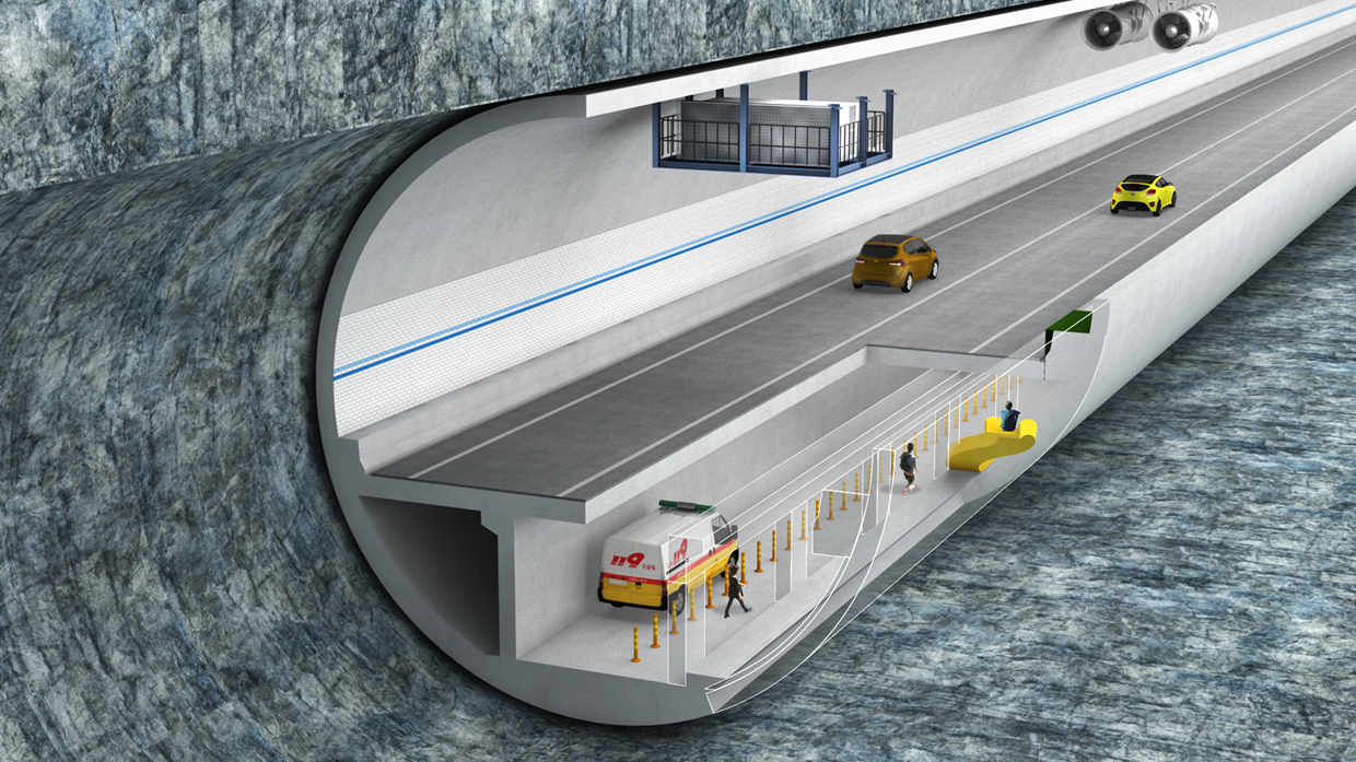 파주-김포 간 한강 하저를 통과하는 터널의 조감도로 차량이 달리고 있다.