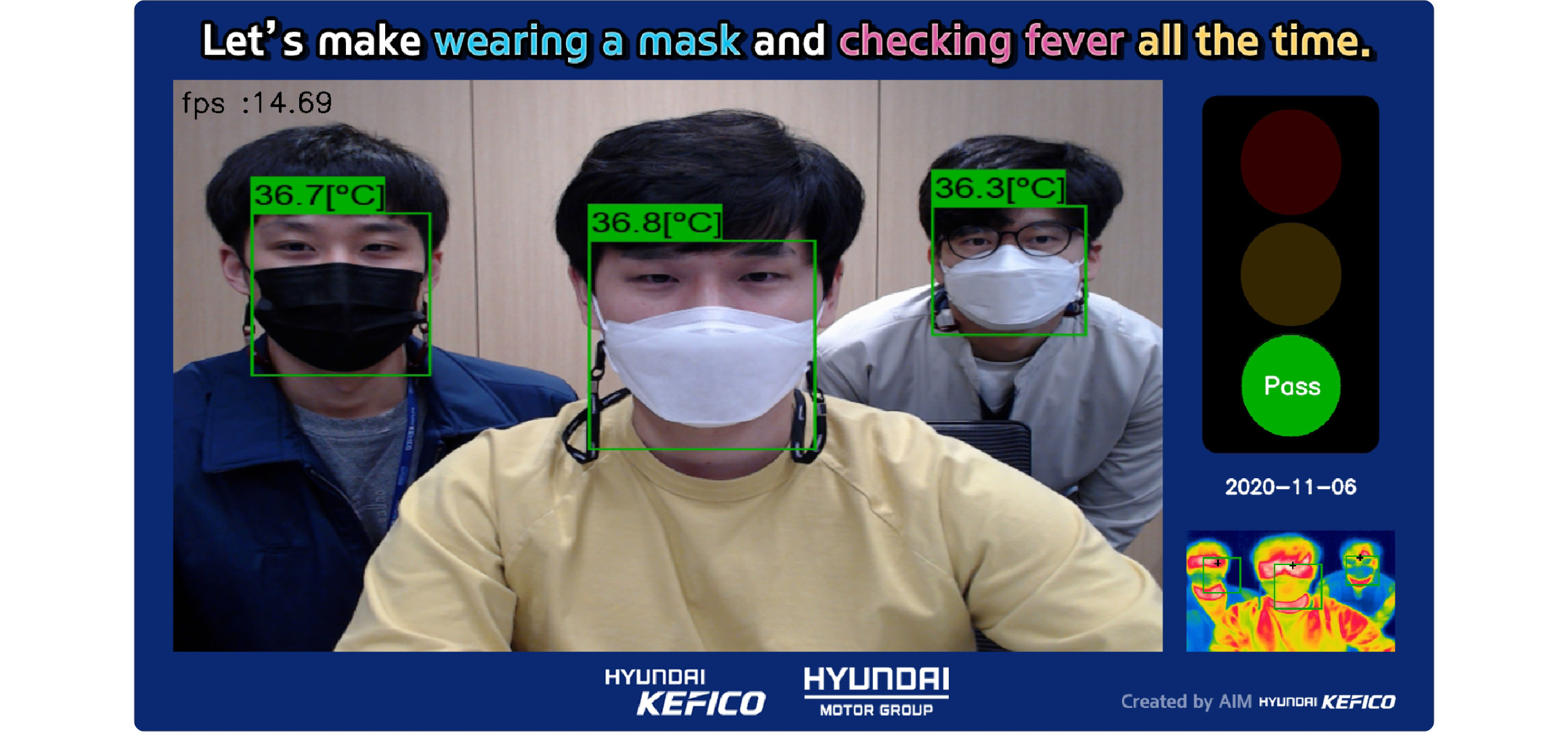마스크 착용 여부를 판별하고 발열을 감지하는 시스템의 작동 모습