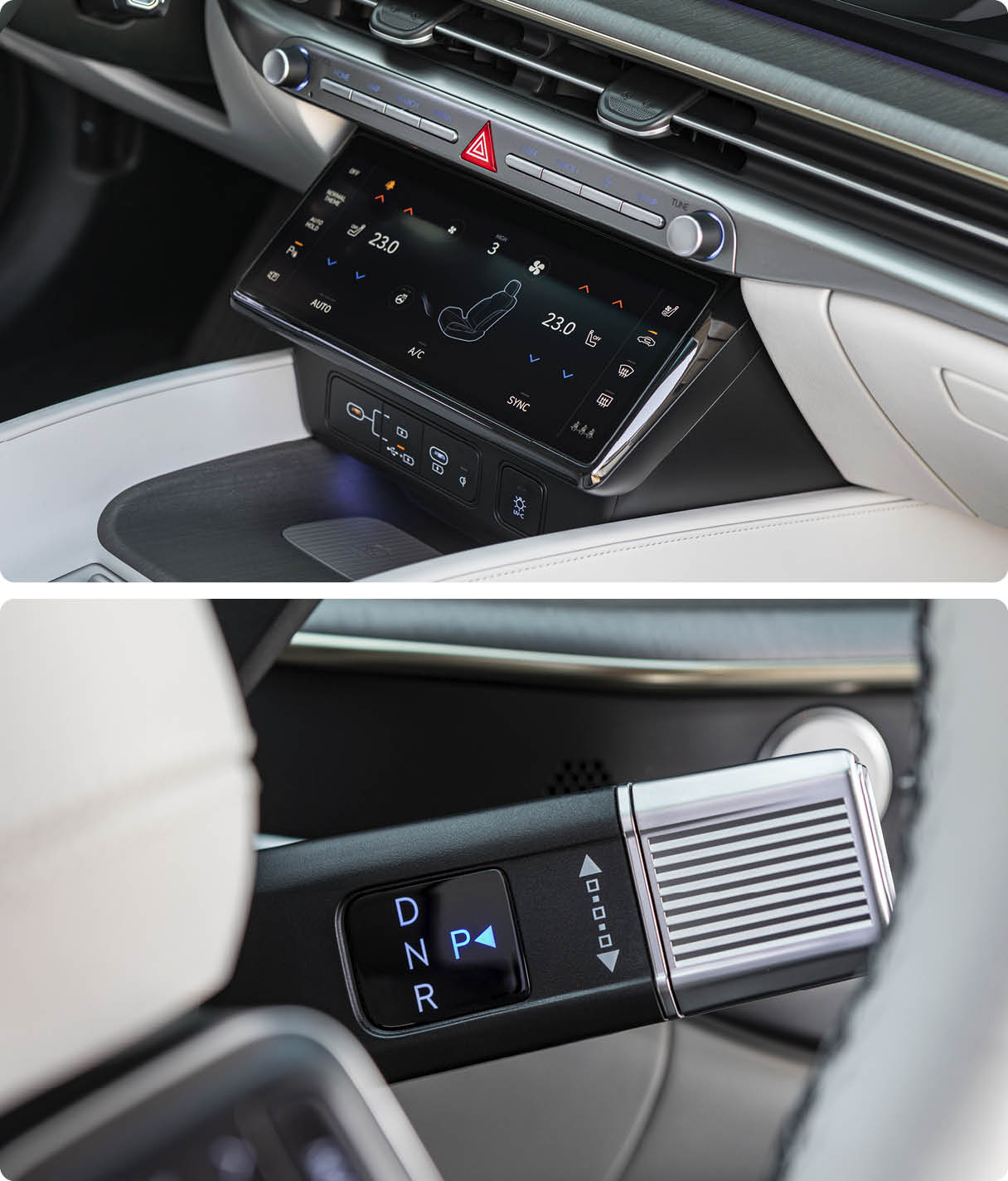 7세대 그랜저의 공조장치 모니터와 변속 컬럼