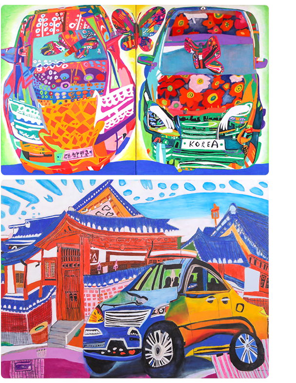 입체적인 자동차의 모습에 여러 가지 화려한 색감을 더한 최주림 작가의 작품 시리즈