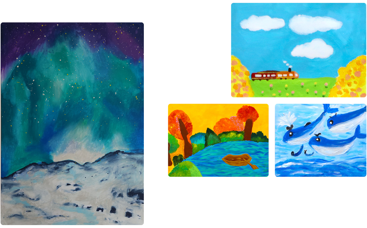 극지방에서 볼 수 있는 오로라를 상상해 그린 유현서 작가의 작품. 이청규 작가는 기차와 하늘을 나는 고래 등을 그렸다