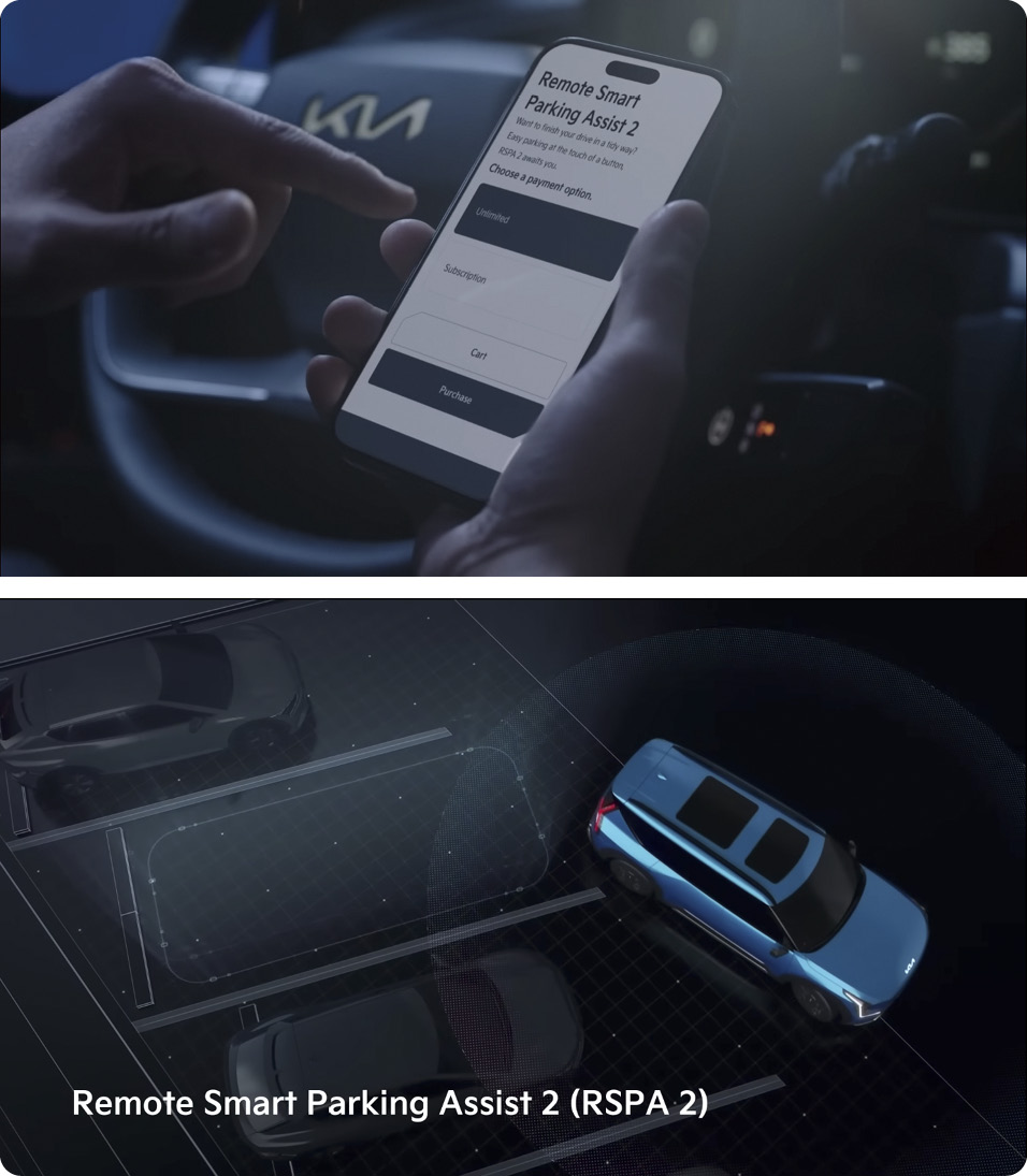 기아 커넥트 스토어를 이용해 기아 EV9에 원격 스마트 주차 보조 2를 추가로 적용하는 모습