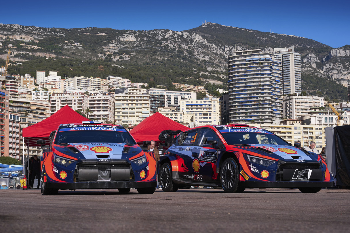 Alt text: Hyundai rally car on standby ahead of the Monte Carlo Rally