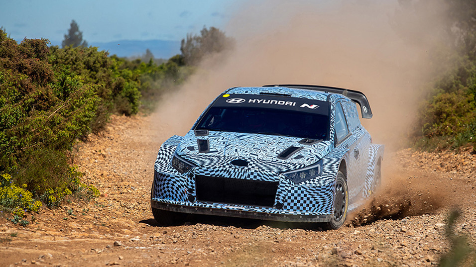 Hyundai's new rally car in camouflage is being tested off-road.