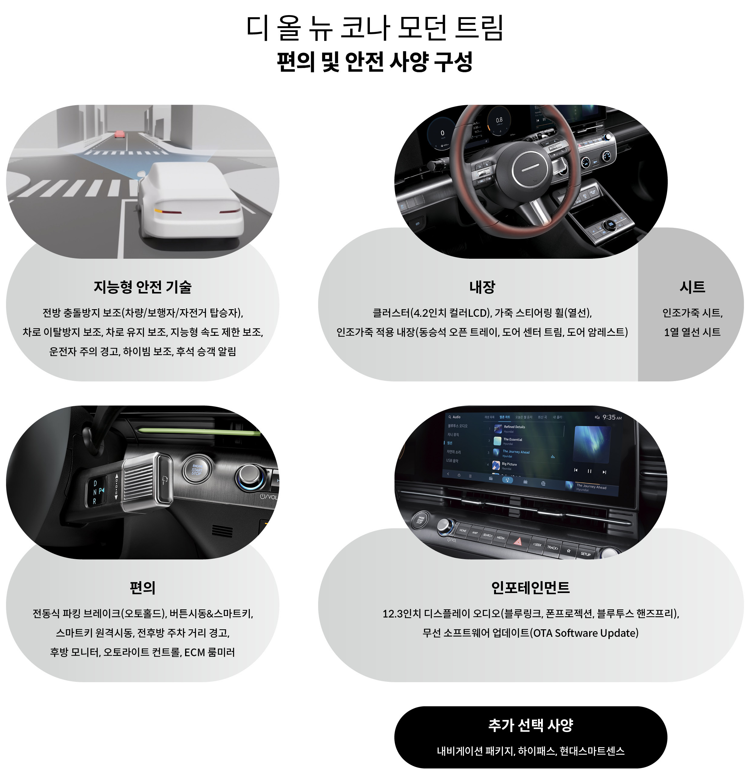 코나 모던 트림 편의 및 안전 사양 구성