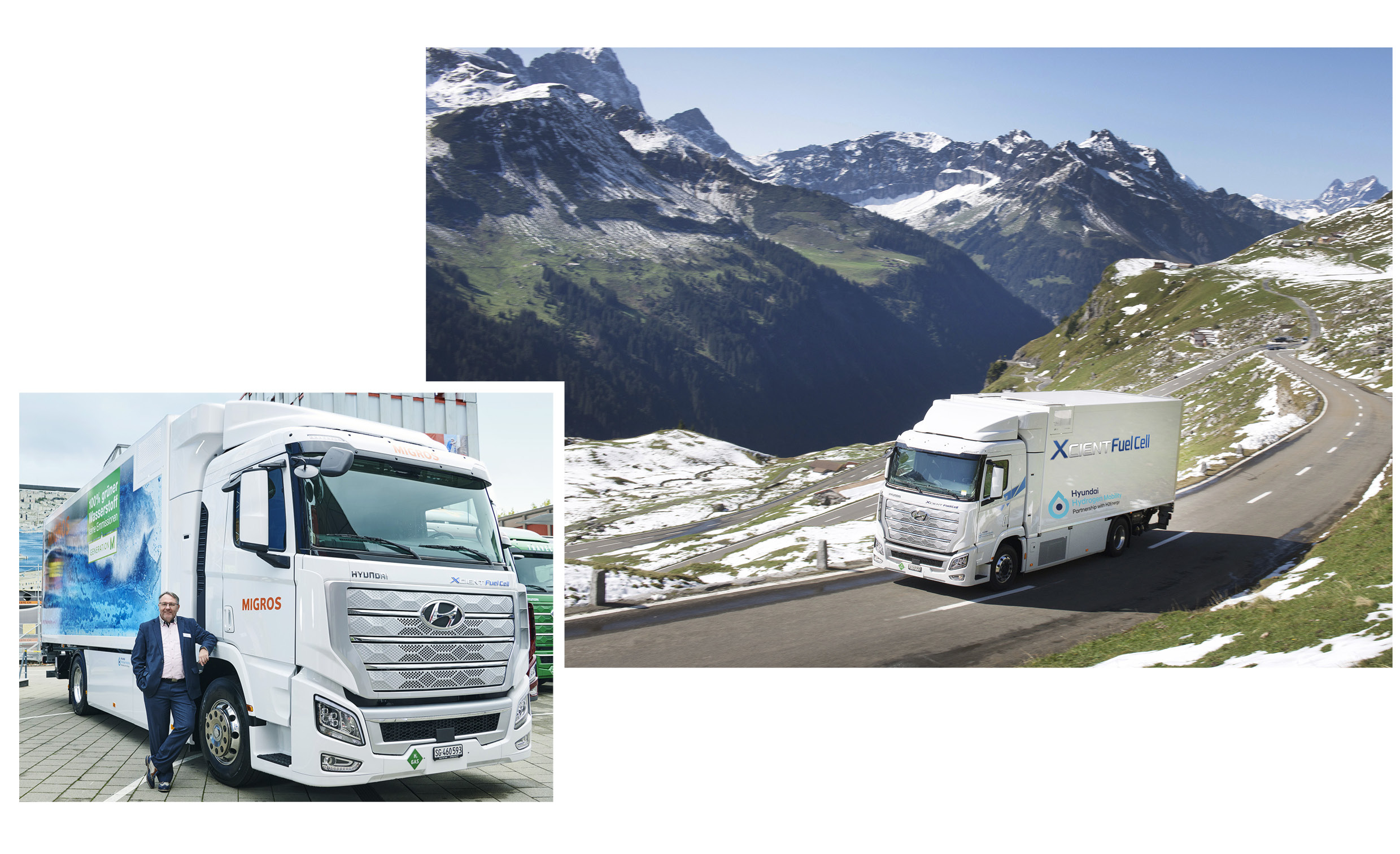 엑시언트 FCEV가 스위스 산맥의 도로를 달리고 있다