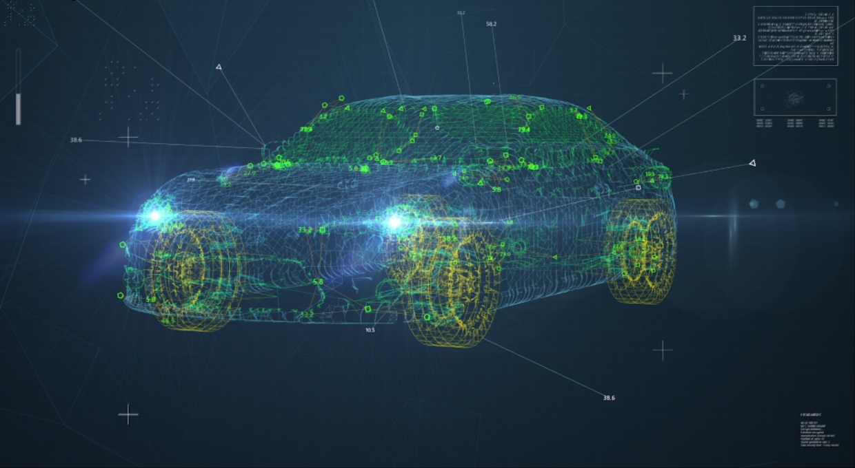 홀로그램으로 만들어지는 자동차 모형 일러스트