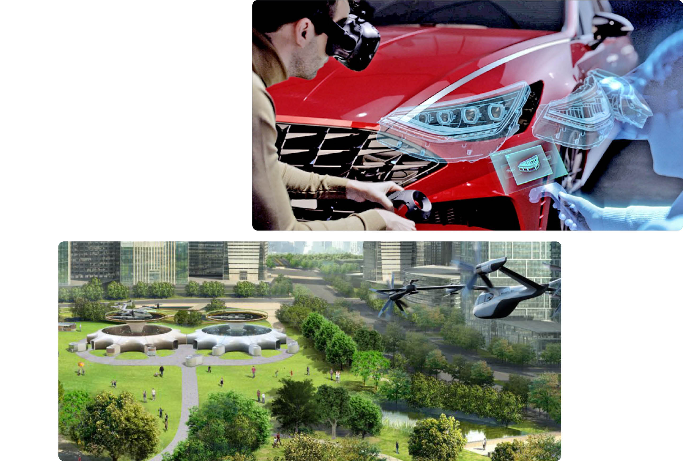 가상으로 꾸민 도심 항공 모빌리티와 Hub 인프라로 구성된 미래 모빌리티 사회