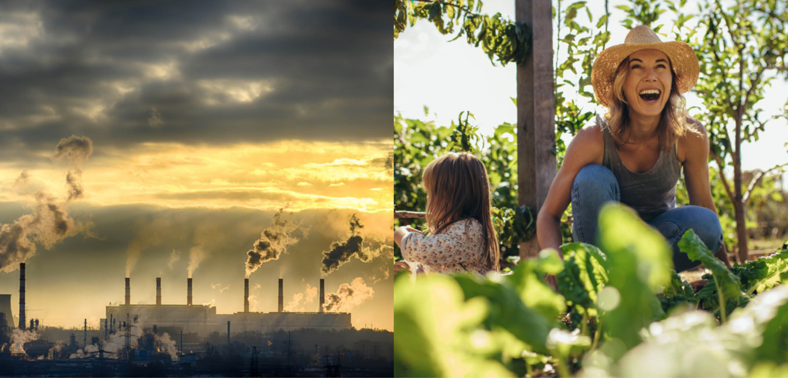 공장지대의 모습과 대비되는 농장에서 웃고 있는 여성의 모습