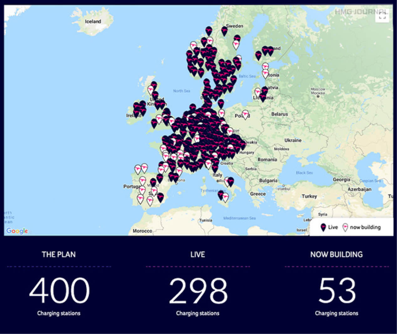 아이오니티의 초고속 충전 설비 현황을 유럽 지도에 표기한 모습