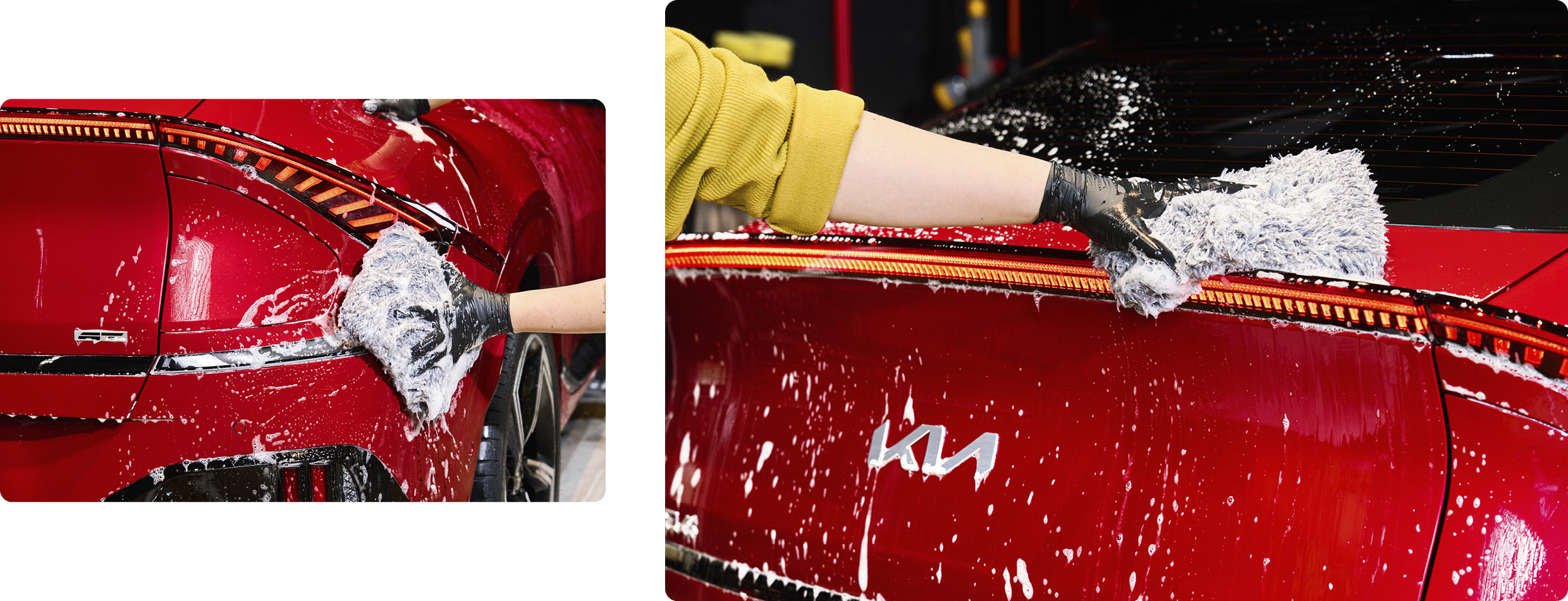 Washing the back of a Kia EV6 GT with a wash mitt