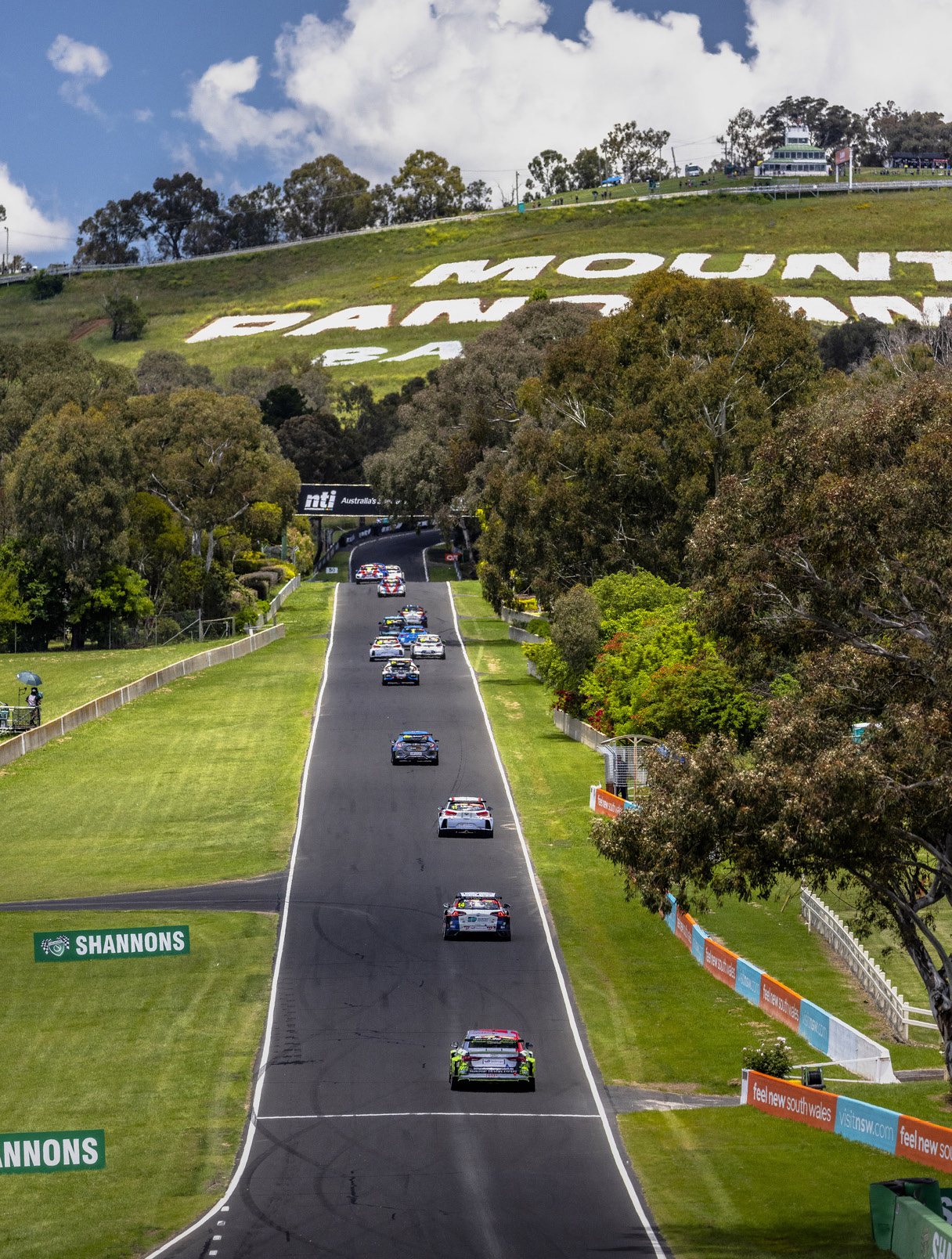 경주차들이 마운트 파노라마 서킷의 오르막길을 달리고 있다