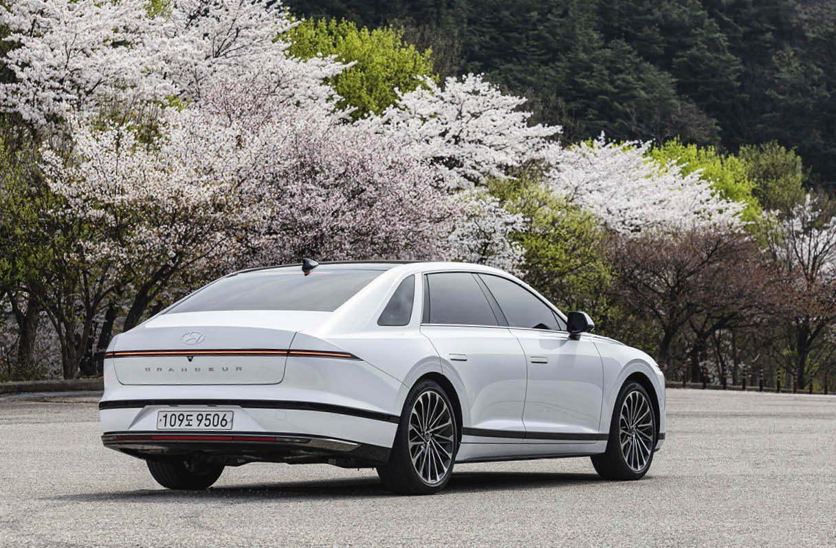 Rear quarter view of the 7th generation Grandeur standing behind cherry blossoms in full bloom