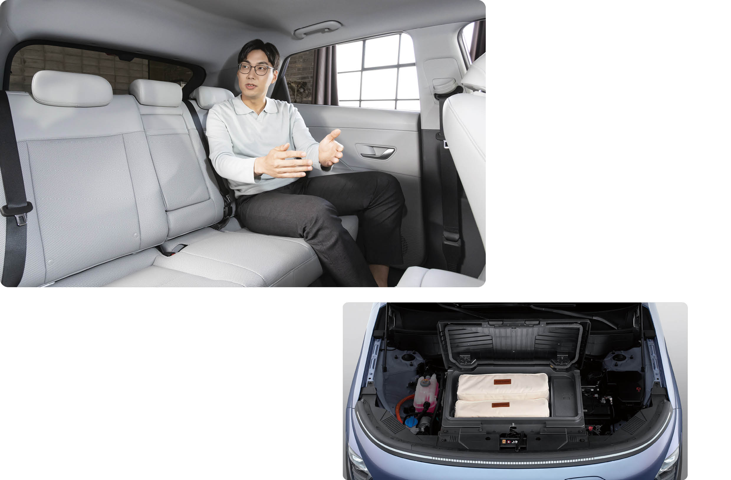 이용훈 책임연구원이 2세대 코나 일렉트릭의 2열 좌석에 앉아 차량에 대해 설명하고 있다