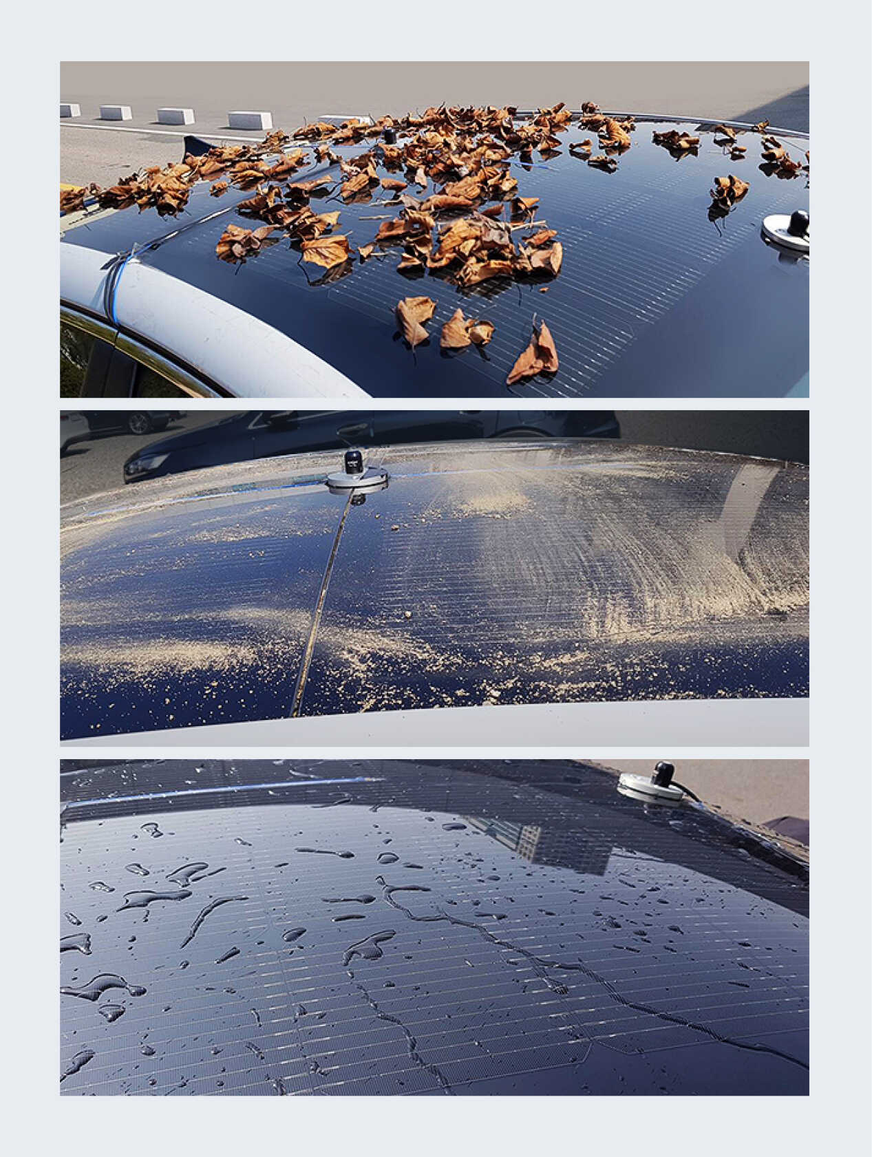 Various photos to verify the solar roof charging efficiency due to contamination