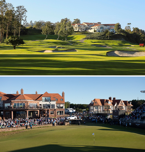 ‘제네시스 인비테이셔널’이 열리는 미국 리비에라 컨트리클럽. 푸른 잔디가 펼쳐져 있고 고급스러운 클럽하우스가 그 뒤로 보인다.‘제네시스 스코티시 오픈’이 열리는 스코틀랜드의 더 르네상스 클럽 골프장. 그린 위에 홀컵에 깃발이 꽂혀 있고, 갤러리들이 여러 명 모여 있다.