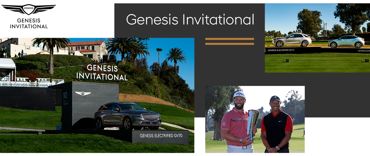 제네시스 인비테이셔널 골프 대회 로고와 타이거 우즈와 우승자, 제네시스 차량 등 대회 모습을 찍은 사진이 3컷 모자이크식으로 나열돼 있다.