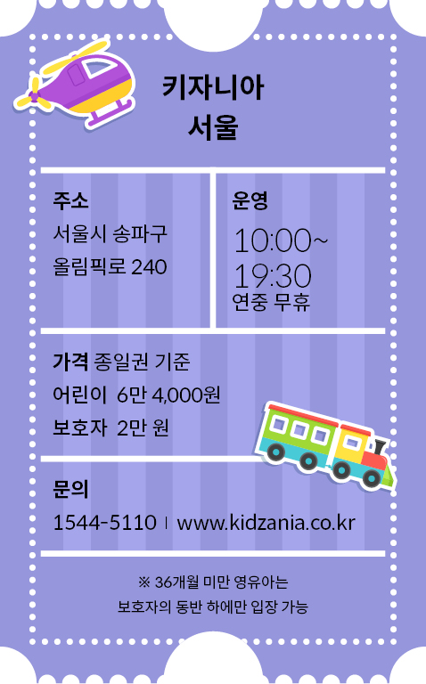 키자니아 서울은 연중 무휴 저녁 7시 30분까지 운영하며, 36개월 미만 영유아는 보호자의 동반 하에만 입장할 수 있다.