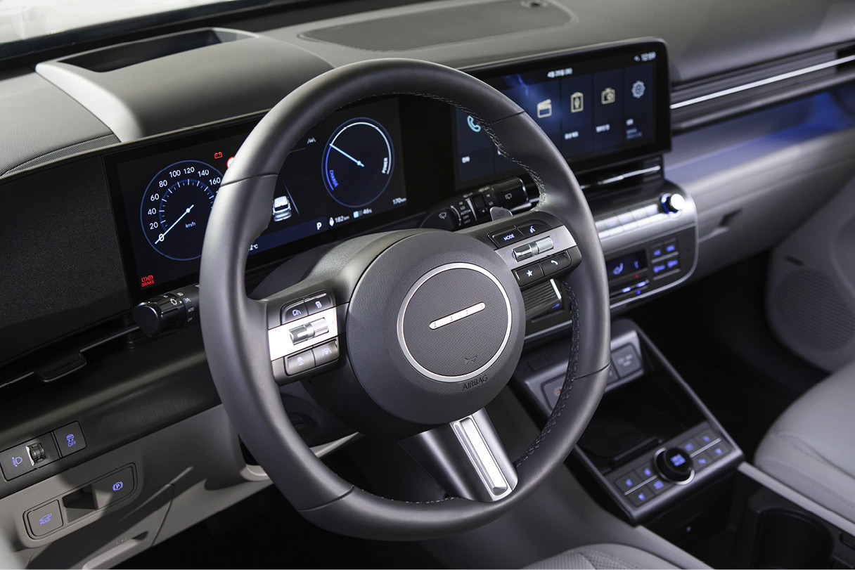 The steering wheel of the All-New Kona by Hyundai Motor Company