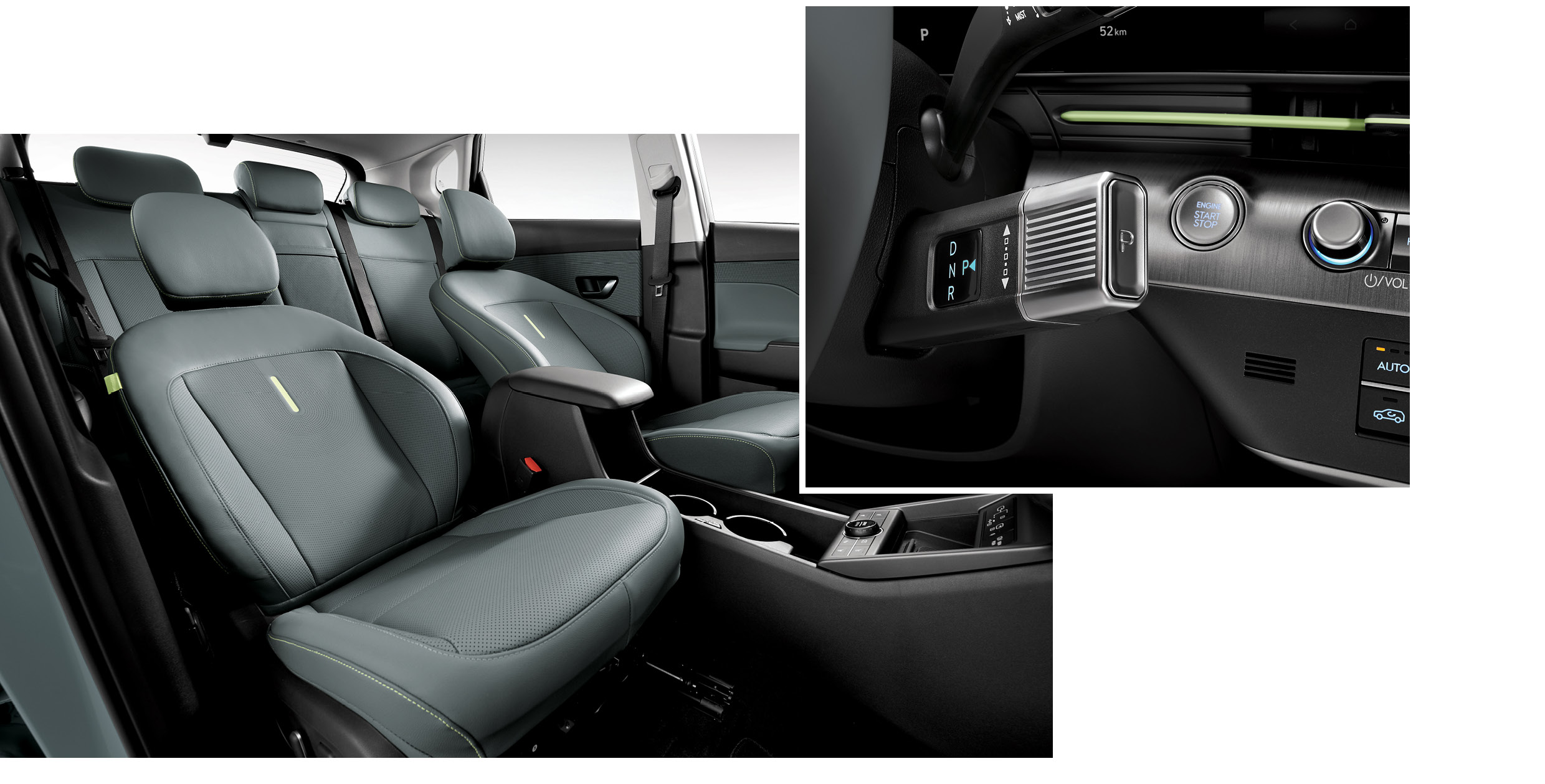 Kona’s gear knob, 1st row relaxation comfort seats in motion