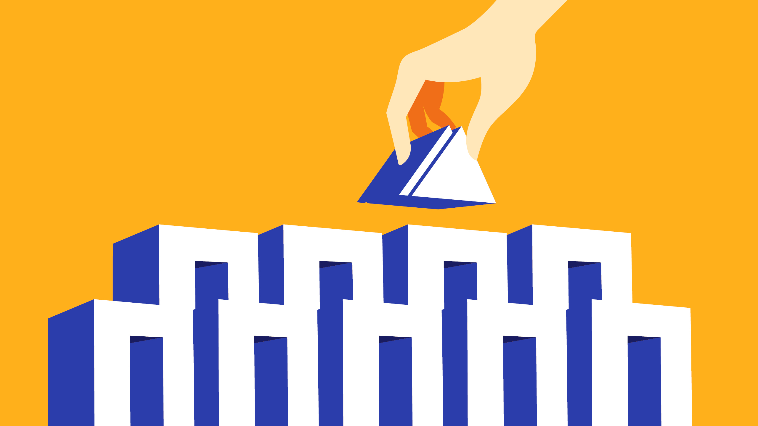 모듈러 건축을 그린 일러스트. 오렌지색 배경 위에 네모난 블록 모양의 모듈을 쌓고 있는 손이 보인다.