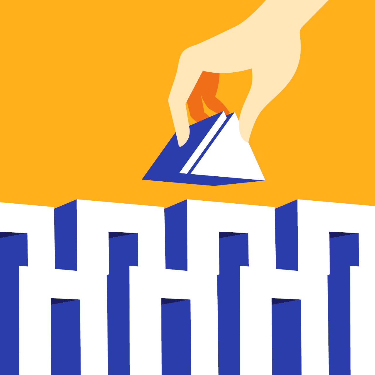 모듈러 건축을 그린 일러스트. 오렌지색 배경 위에 네모난 블록 모양의 모듈을 쌓고 있는 손이 보인다.