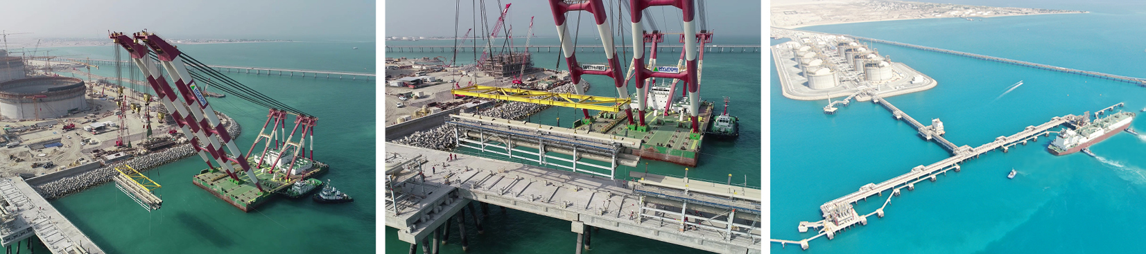 쿠웨이트 알주르 LNG 터미널 해상 접안 시설의 모듈러 공법 시공 과정 중 해상 리프팅 모습.   쿠웨이트 알주르 LNG 터미널 해상 접안 시설의 모듈러 공법 시공 과정 중 거대한 크레인으로 끌어올린 플랜트 모듈을 설치하고 있다.    바다 위에 완공한 쿠웨이트 알주르 LNG 터미널과 해상 접안 시설.