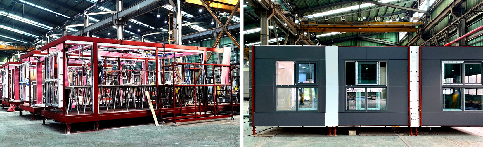 모듈러 건축을 위한 모듈러를 제작하고 있는 공장의 모습. 모듈러 유닛 목업(Mock-up)이 클로즈업으로 보인다.