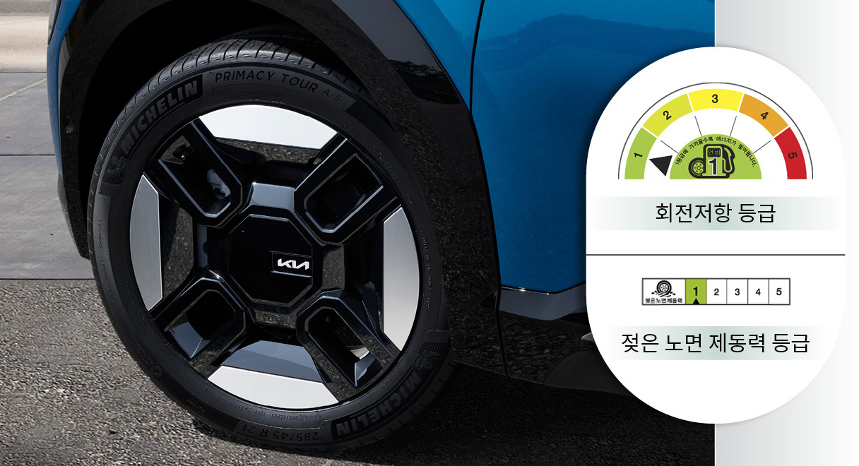 타이어 에너지 소비효율 등급제도 라벨과 EV9의 21인치 타이어