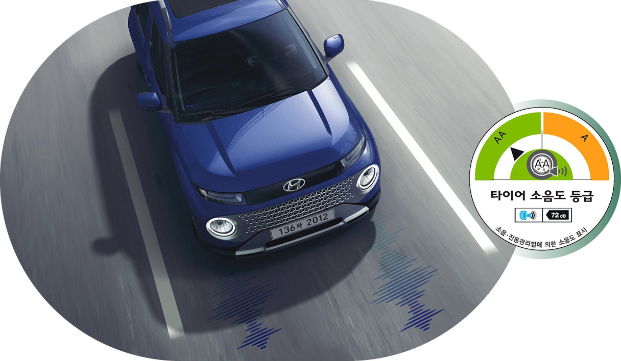 타이어 소음도 등급 라벨과 도로를 달리고 있는 캐스퍼