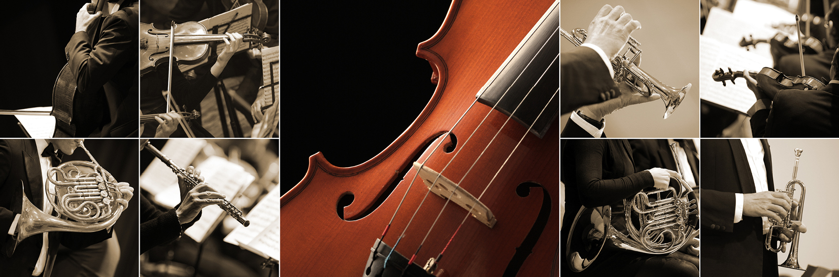 가운데 바이올린을 클로즈업 사진 양옆으로 오케스라 악기 연주 모습이 좌우로 4컷씩 모노톤으로 배치돼 있다.
