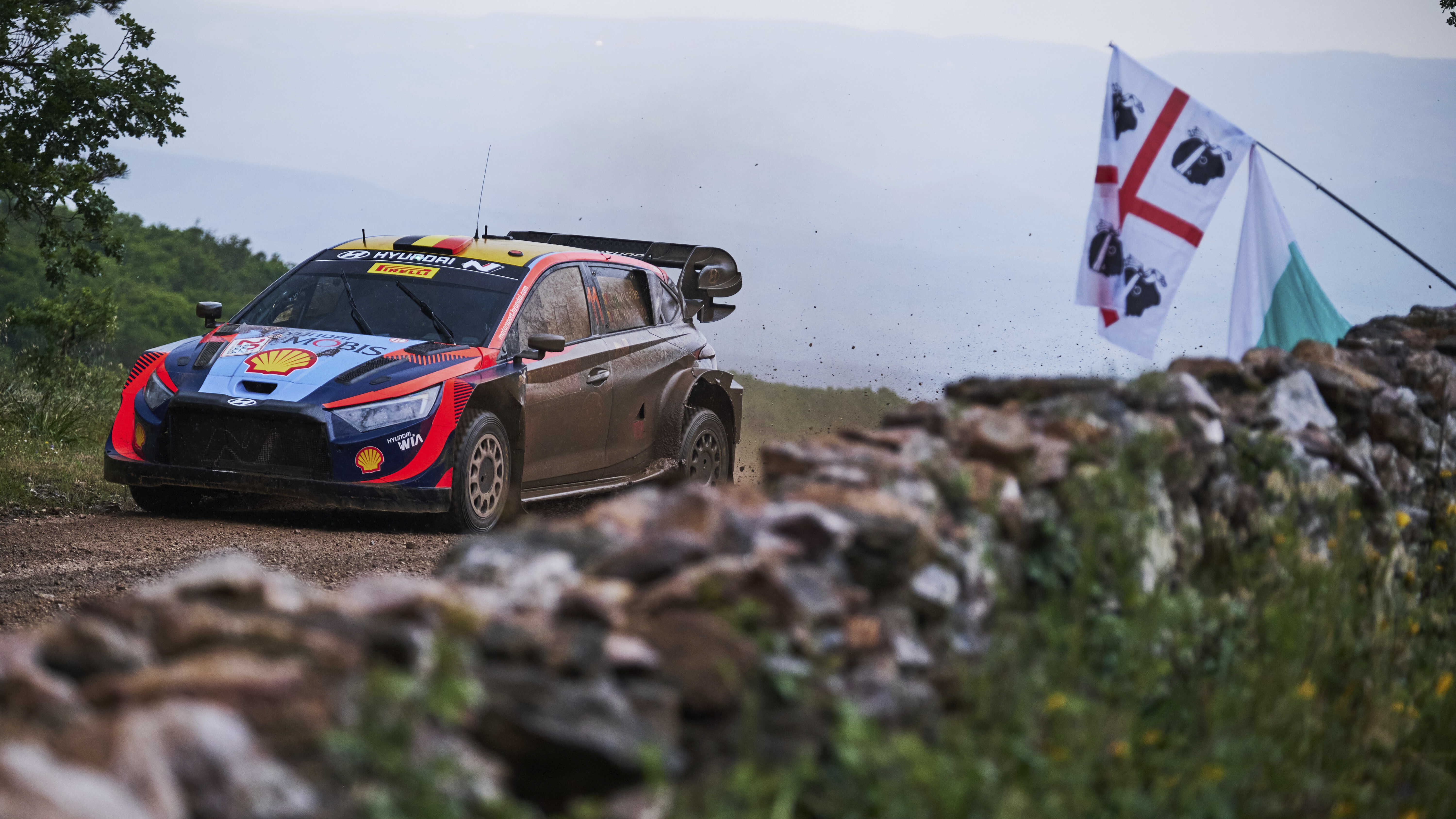 i20 rally car running on a rally course
