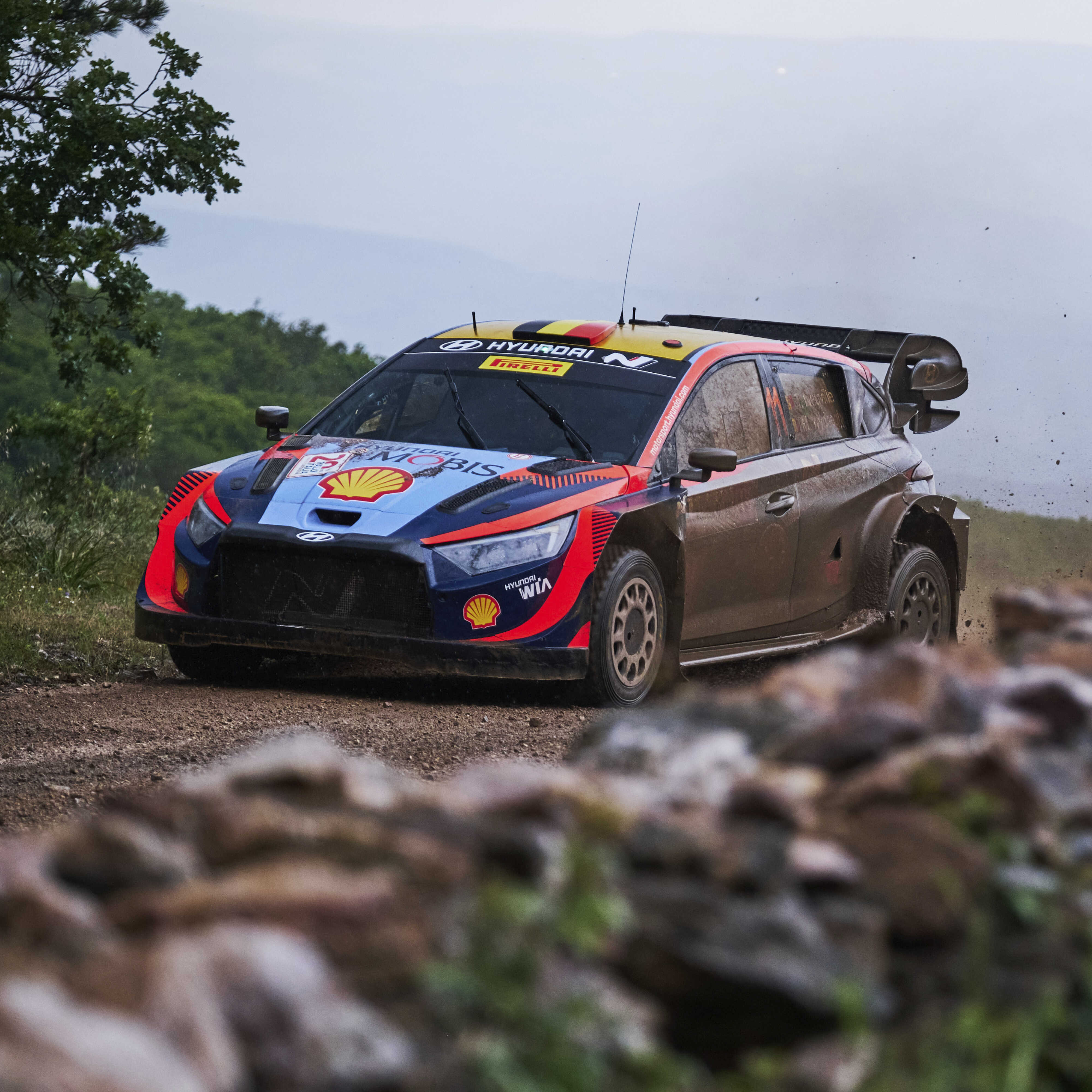 i20 rally car running on a rally course