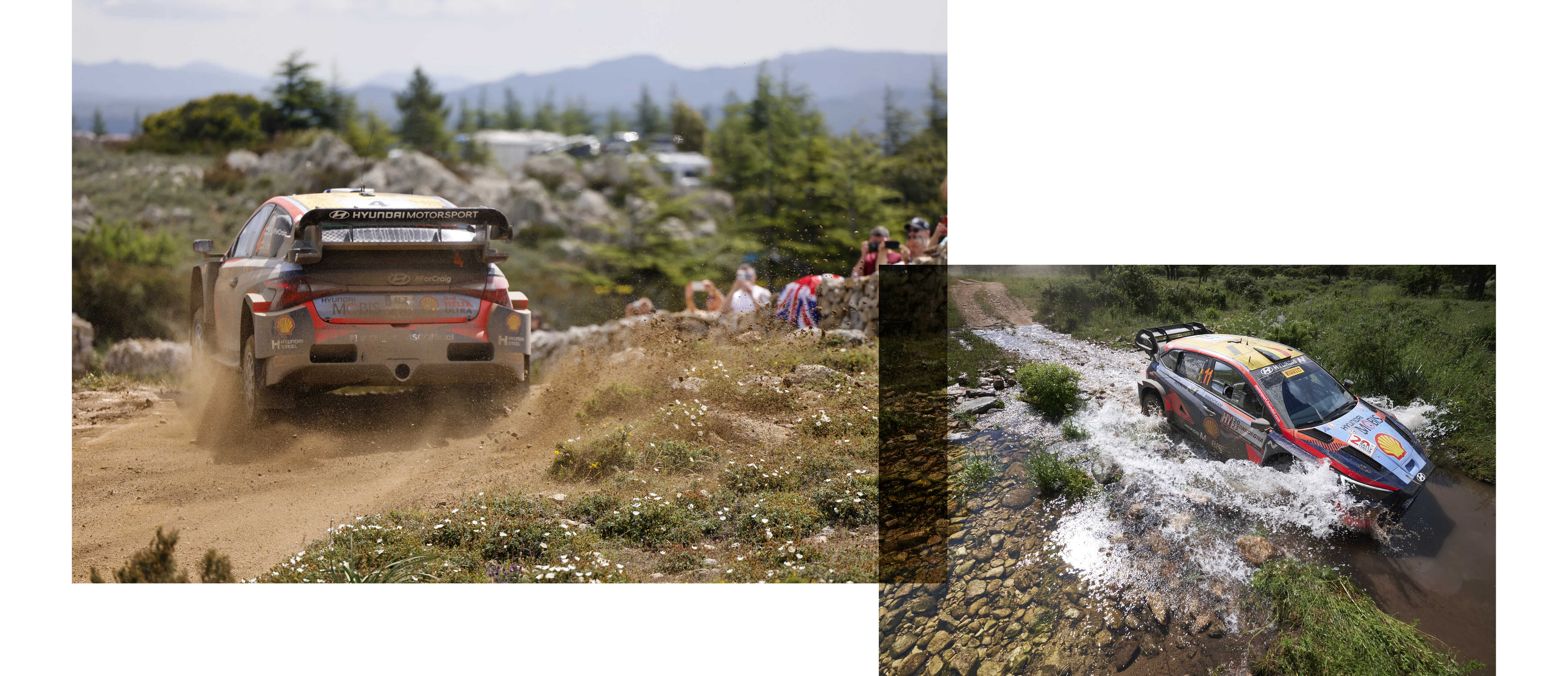Hyundai's rally car vigorously crossing a stream