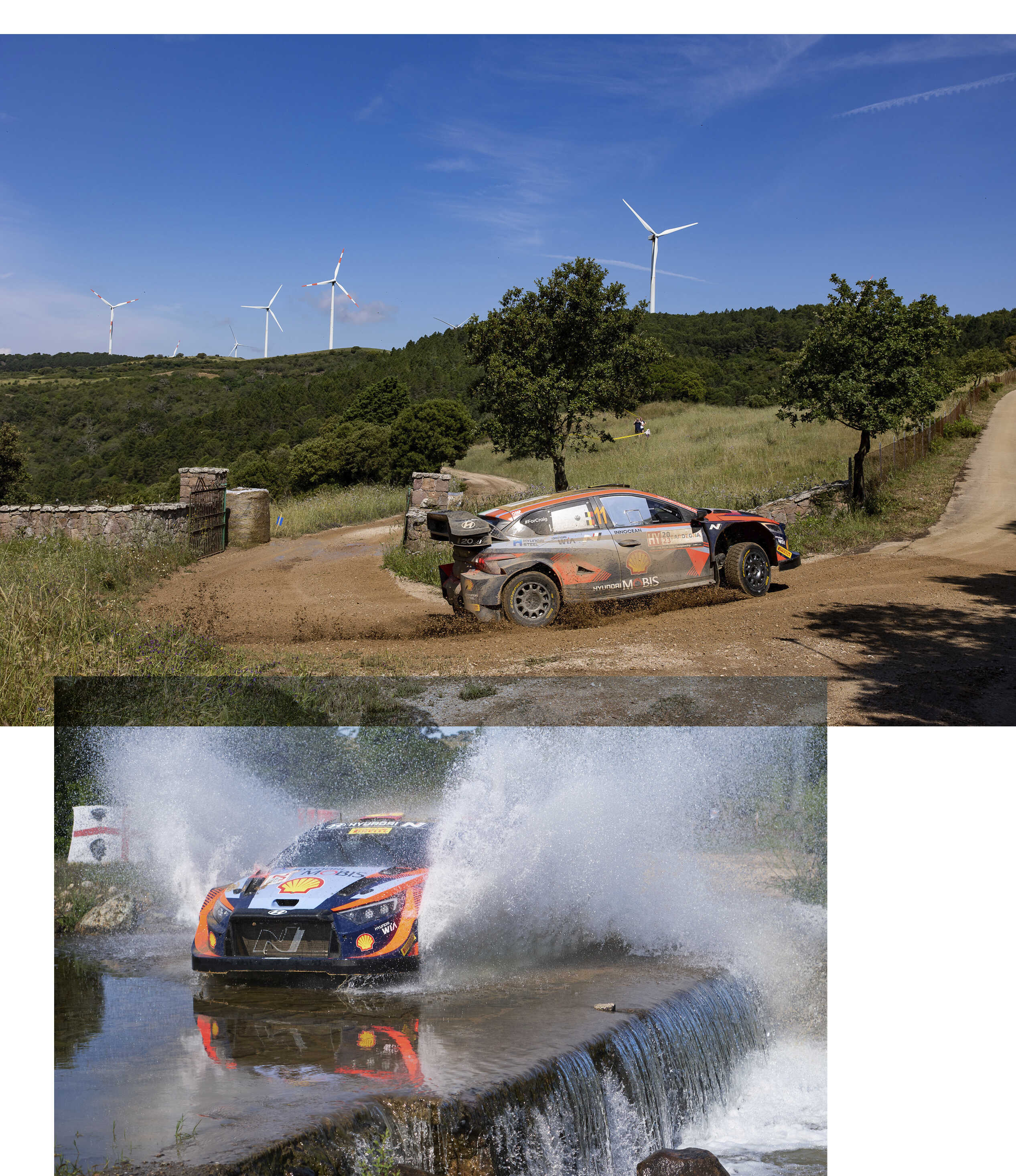 Hyundai's rally car vigorously crossing a stream