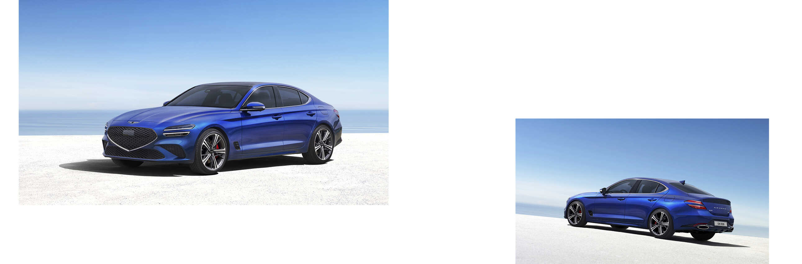 제네시스 G70이 해변이 펼쳐진 곳에 서 있다