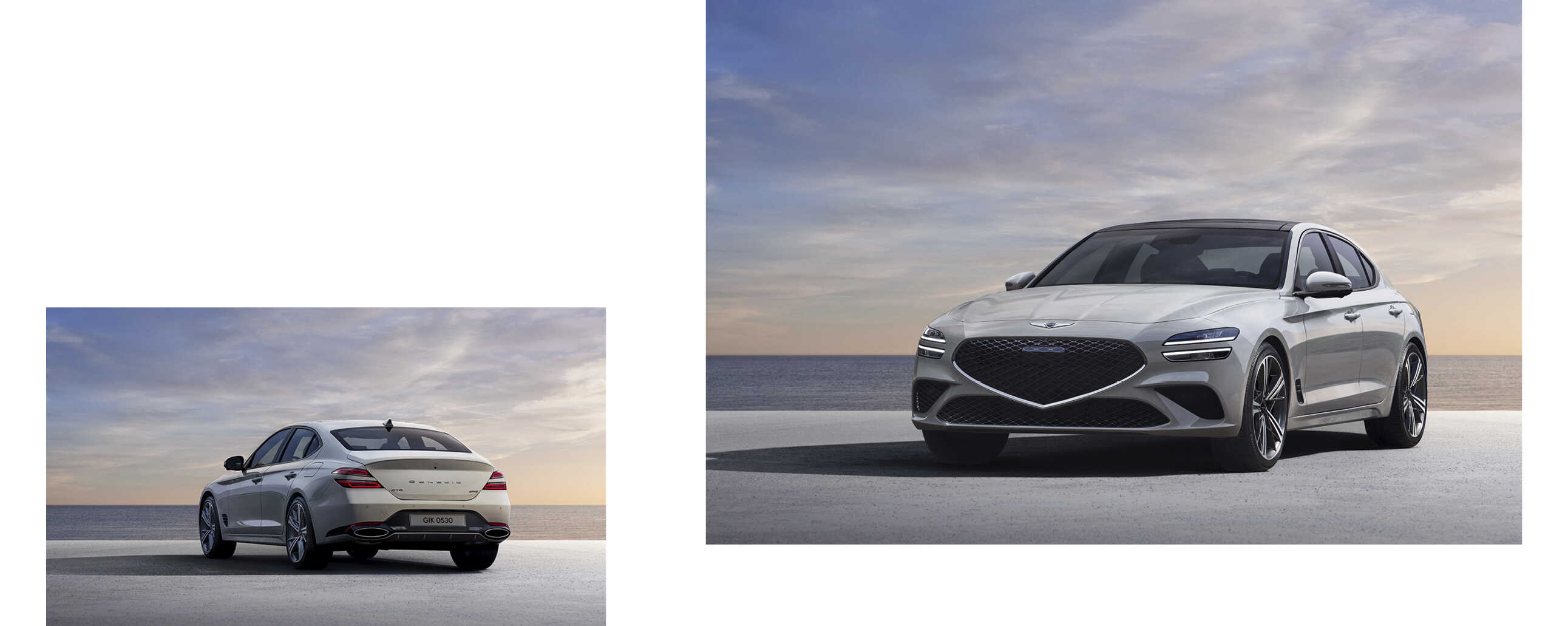 제네시스 G70이 노을이 지고 있는 해변가에 서 있는 모습