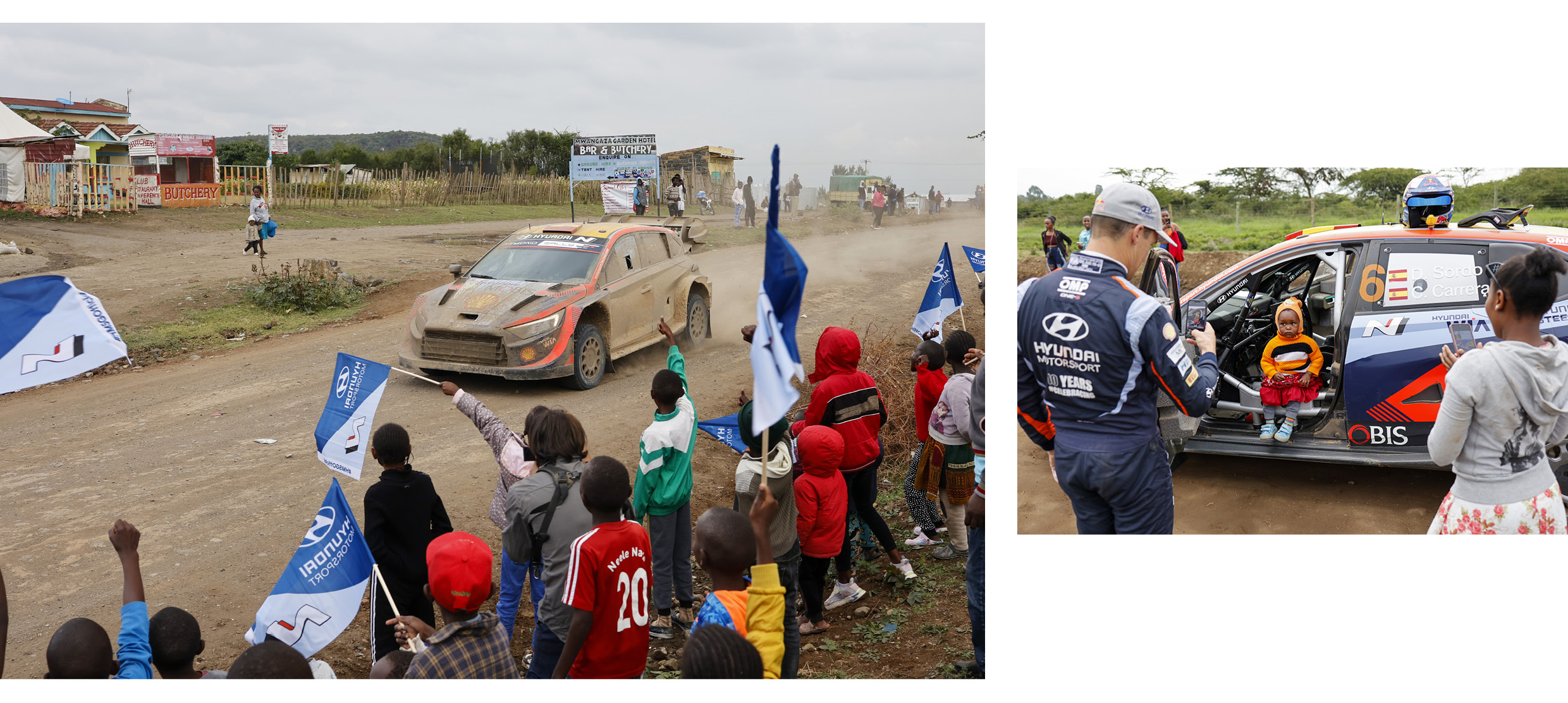 2023 케냐 사파리 랠리에서 팬들의 환호를 받고 있는 현대 i20 N 랠리1 하이브리드의 모습