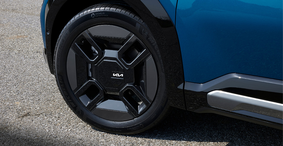 Close-up of EV9 wheels