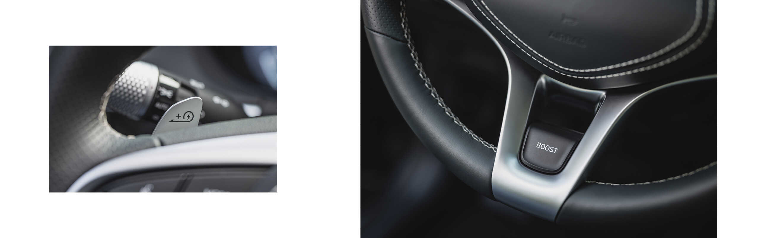 제네시스 GV70 전동화 모델의 스티어링 휠에 장착된 부스트 모드 버튼과 회생제동 컨트롤 패들시프트의 모습