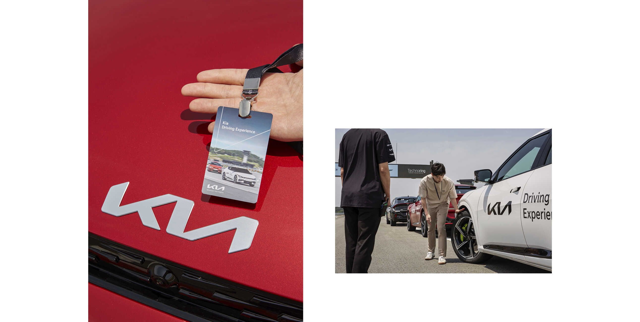 EV6 앞타이어를 확인하는 남자의 모습과 EV6 GT 보닛 위에 출입증을 펼친 모습