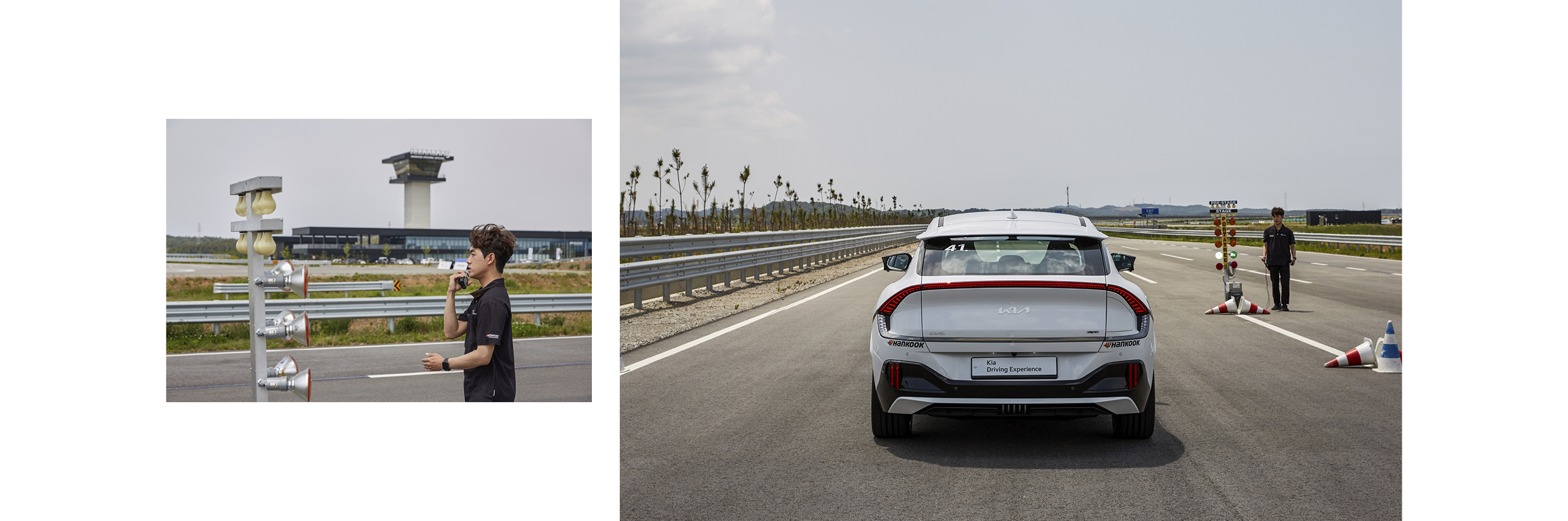 드래그 레이스를 펼치는 EV6 GT의 뒷모습과 이를 진행하는 인스트럭터의 모습