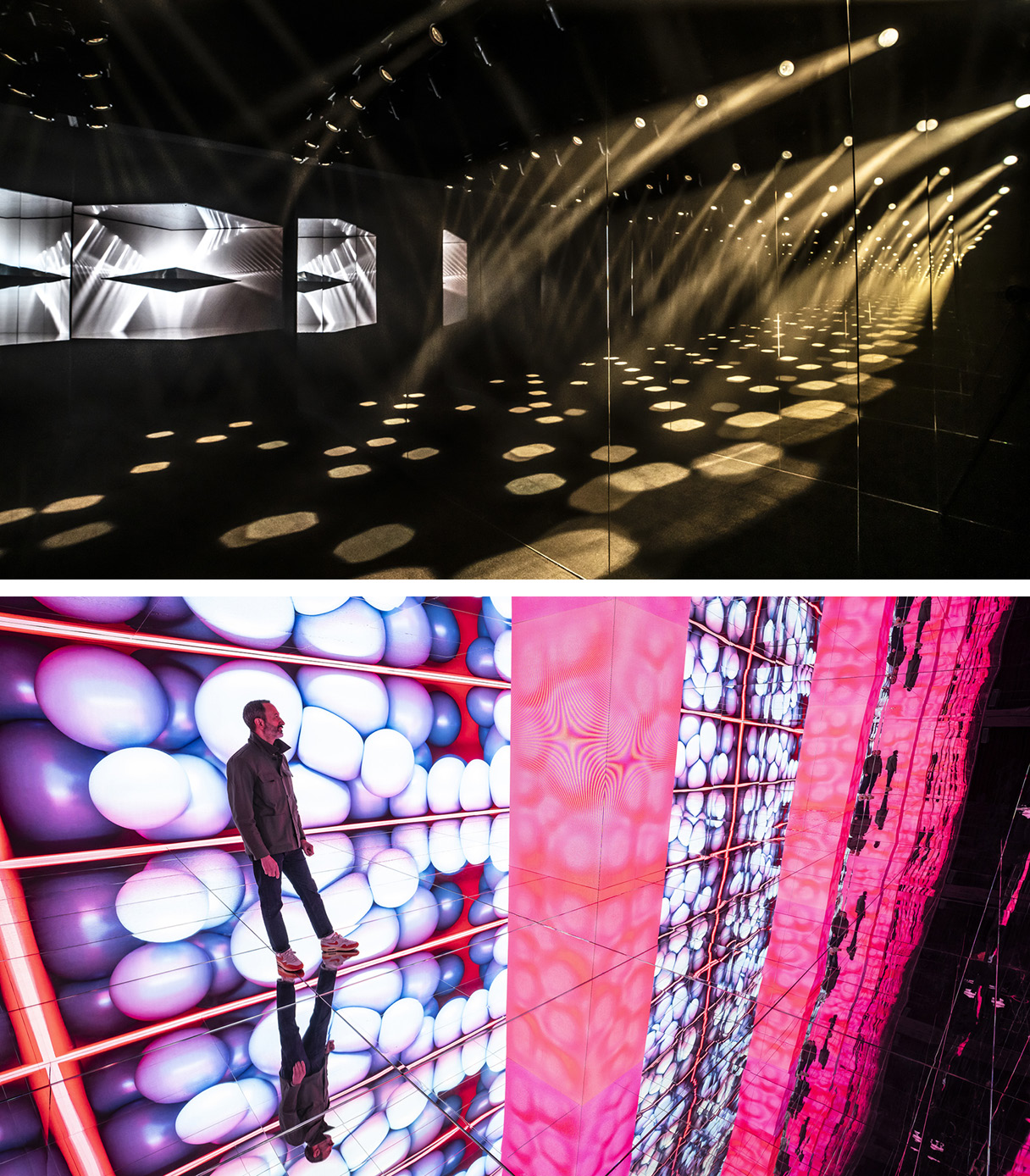 어두운 공간에 독특한 조명으로 오퍼짓 유나이티드를 표현한 전시관 모습