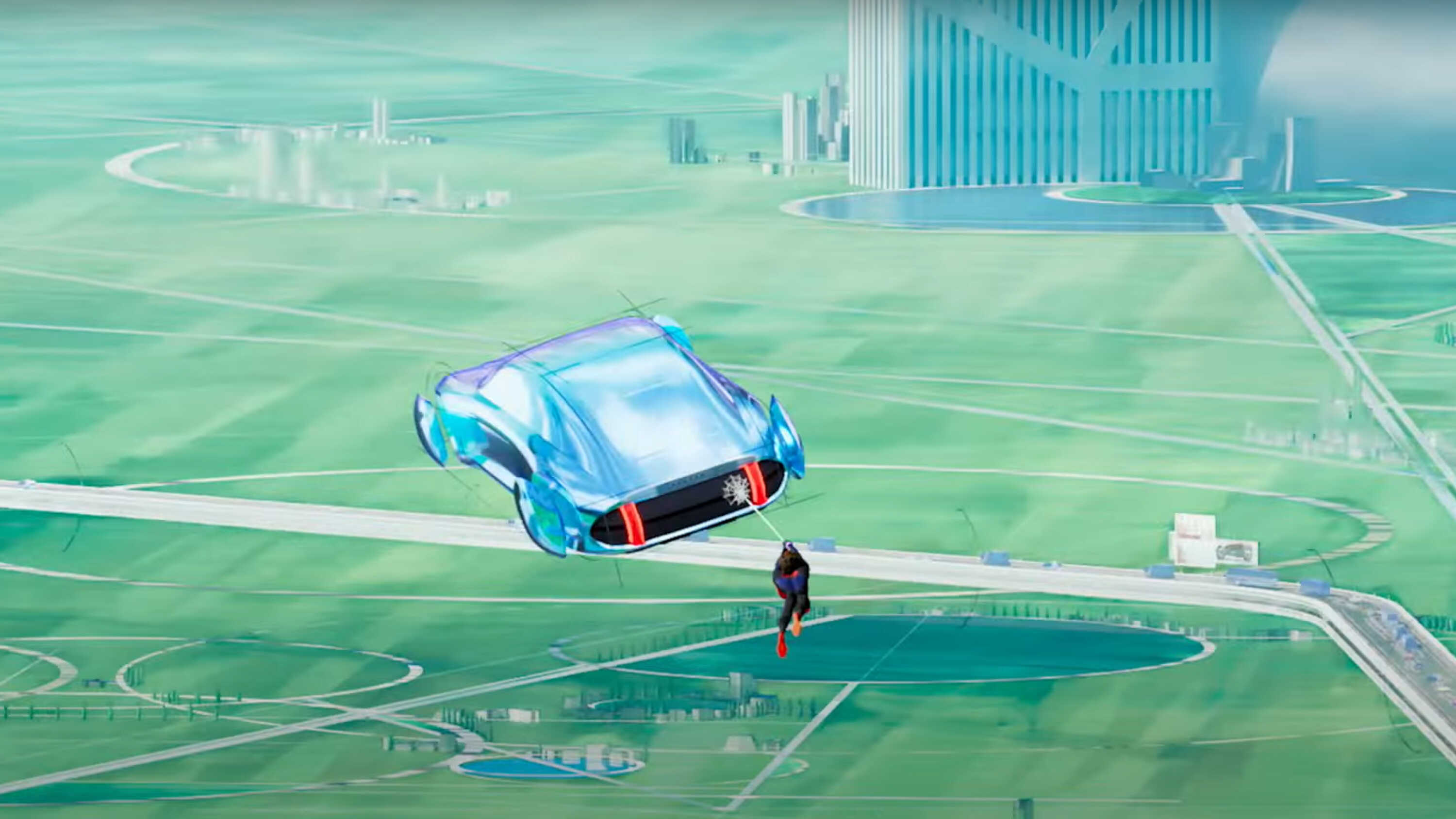 프로페시에 매달려 날아가는 스파이더맨