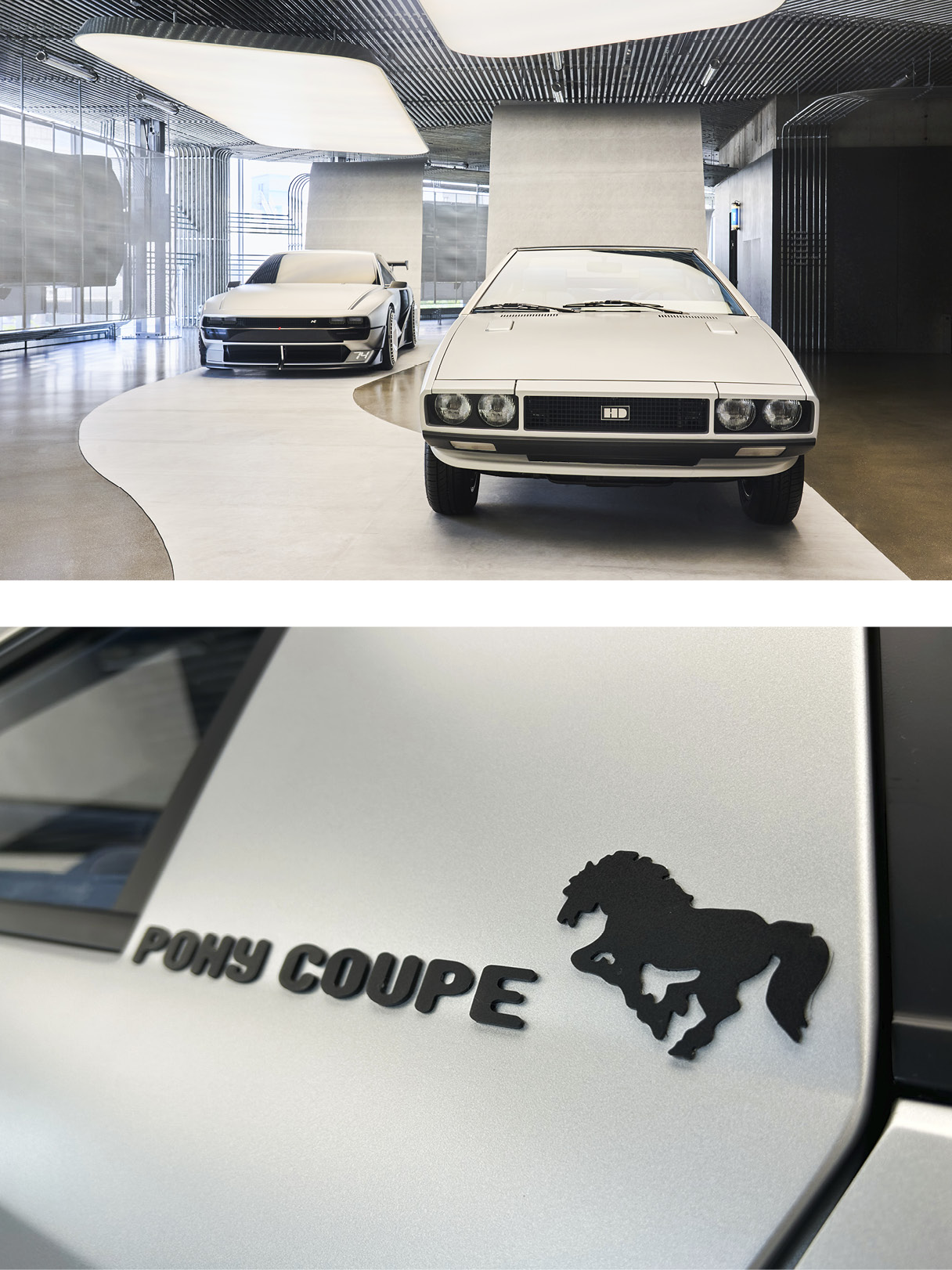 The Pony Coupe Concept Restoration Model and Hydrogen Electric Hybrid Rolling Lab N Vision 74 displayed at Hyundai Motor Company's 'Pony Time' exhibition