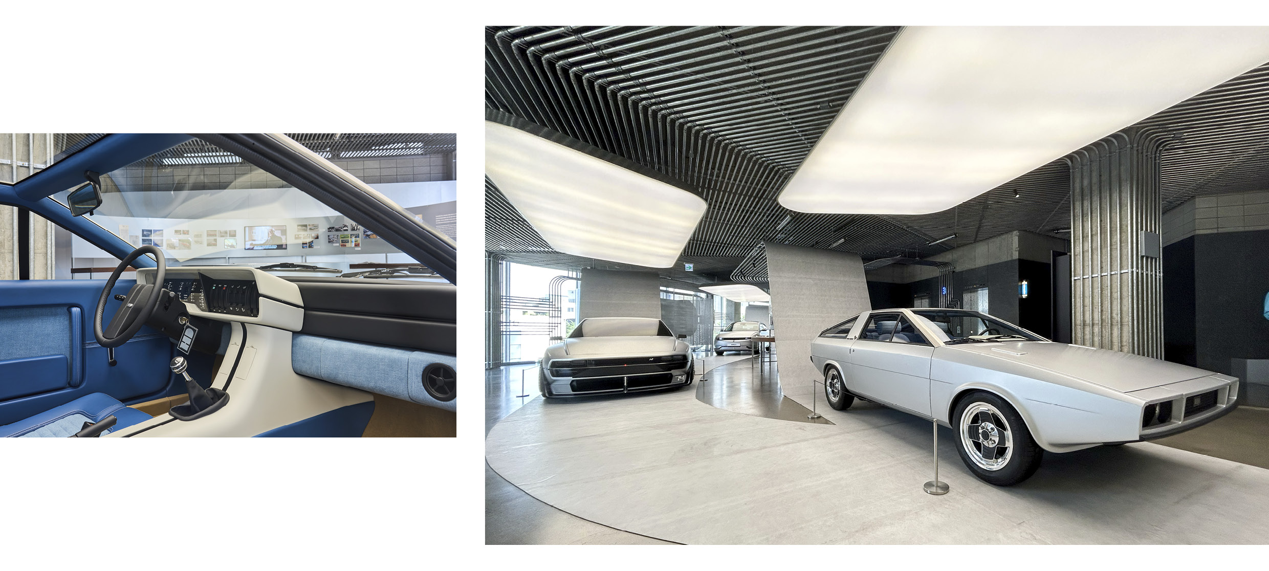 The Pony Coupe Concept Restoration Model and Hydrogen Electric Hybrid Rolling Lab N Vision 74 displayed at Hyundai Motor Company's 'Pony Time' exhibition